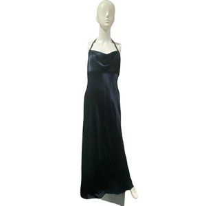 Vintage NWT Rimini Navy Dress Embroidery Cowl Neck Size 10 Blue Long V Neck Back